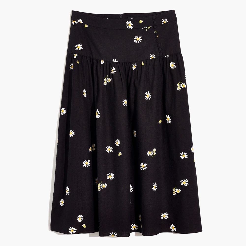 Madewell black linen Lazy Daisies midi skirt 90s daisy dark floral print